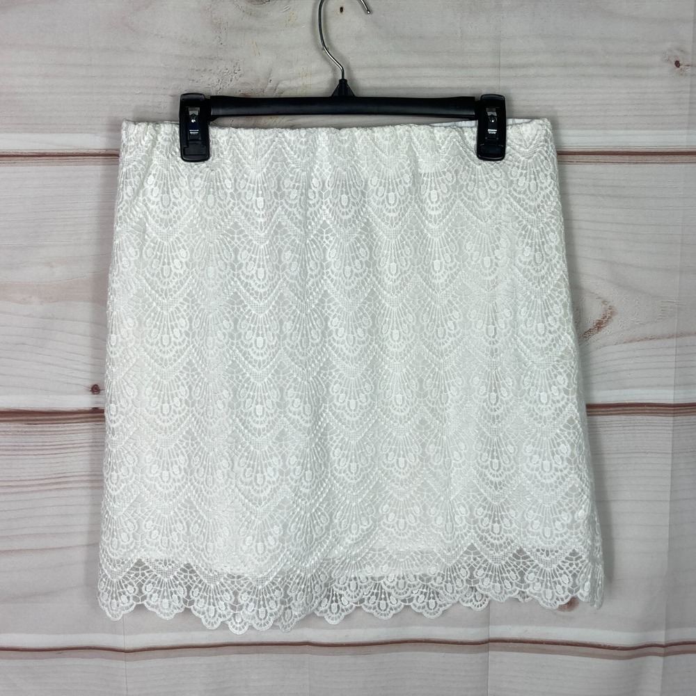 J Crew Skirt Womens 10 White Lace Mini Pull On A-Line Scallop Hem Elastic Waist